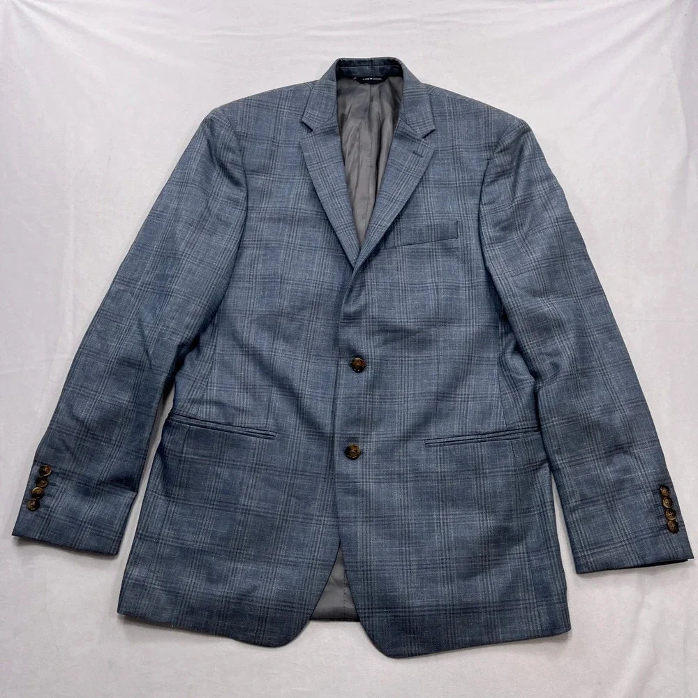 Ralph Lauren Sport Coat Wool Silk Linen Plaid Blue Mens 42L